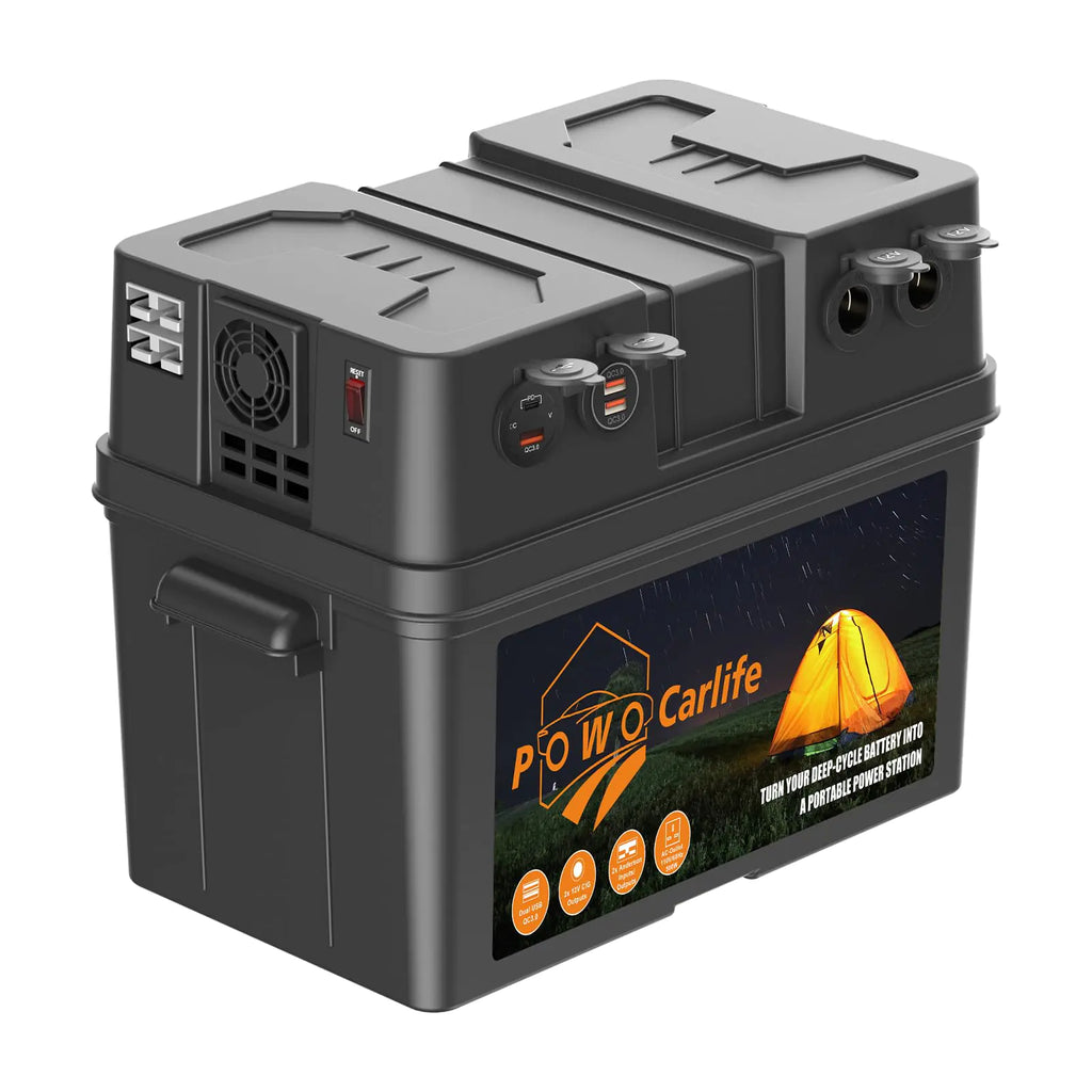 Battery Box for Group 24/27/31 Battery Build-in 110V Inverter AC Outlet 12V Battery Box for Marine Camping RV Trailer Boat