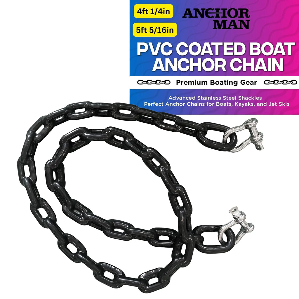 Anchor-Man PVC Coated Boat Anchor Chain with Advanced Stainless Steel Shackles - Perfect Anchor Chains for Boats Kayaks and Jet Skis - 2 Sizes (4ft 1/4in 5ft 5/16in) - Black Coated Anchor Chain