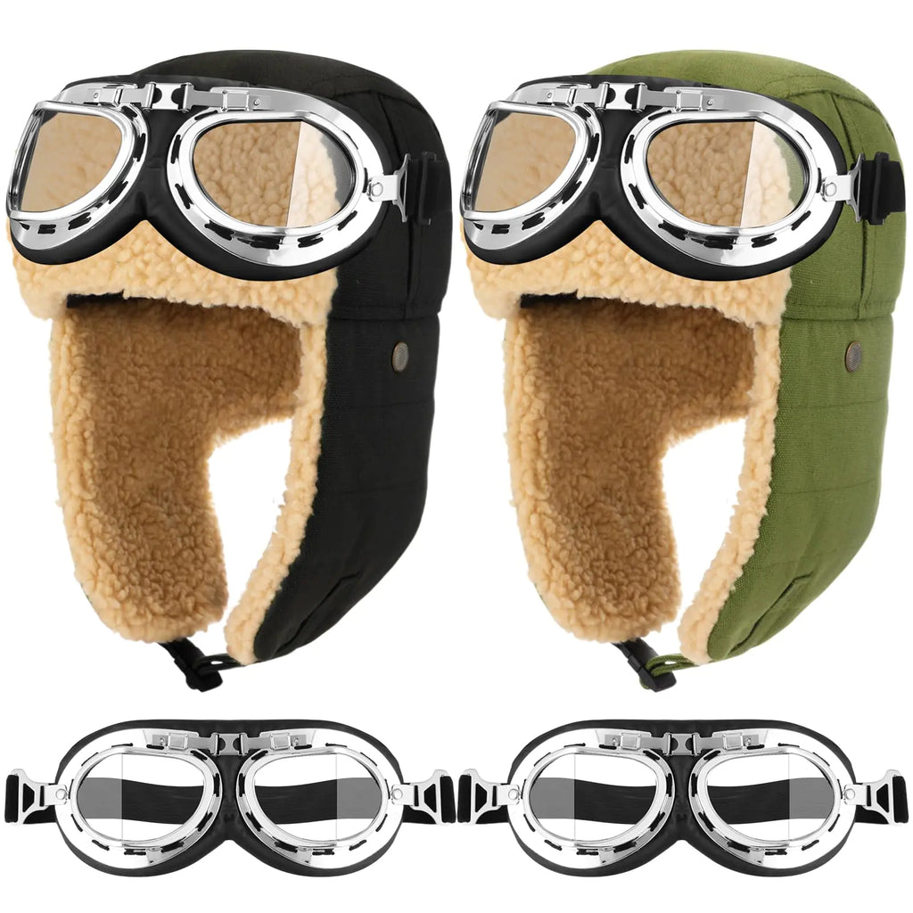 4 Pcs Pilot Hat and Goggles Flight Costume Accessories Pilot Helmet Cap with Ear Flaps Hat Adults Winter(GreenBlack)
