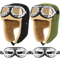 4 Pcs Pilot Hat and Goggles Flight Costume Accessories Pilot Helmet Cap with Ear Flaps Hat Adults Winter(GreenBlack)