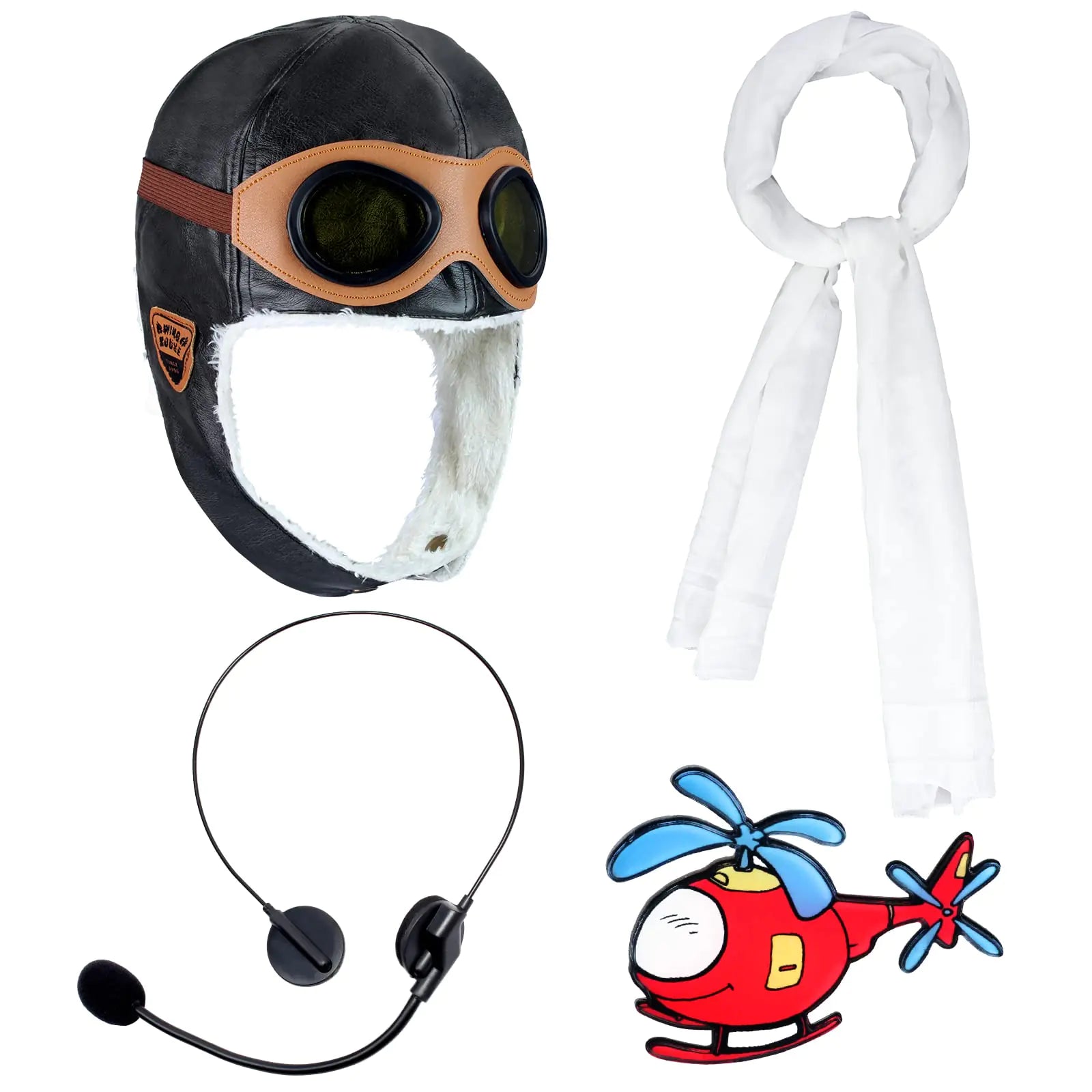 Keymall Kids Aviator Costume Accessories Pilot Aviator Hat with Goggles for Halloween Career Day Birthday Cosplay Costume (Black HatWhite ScarfProp HeadsetBrooch)