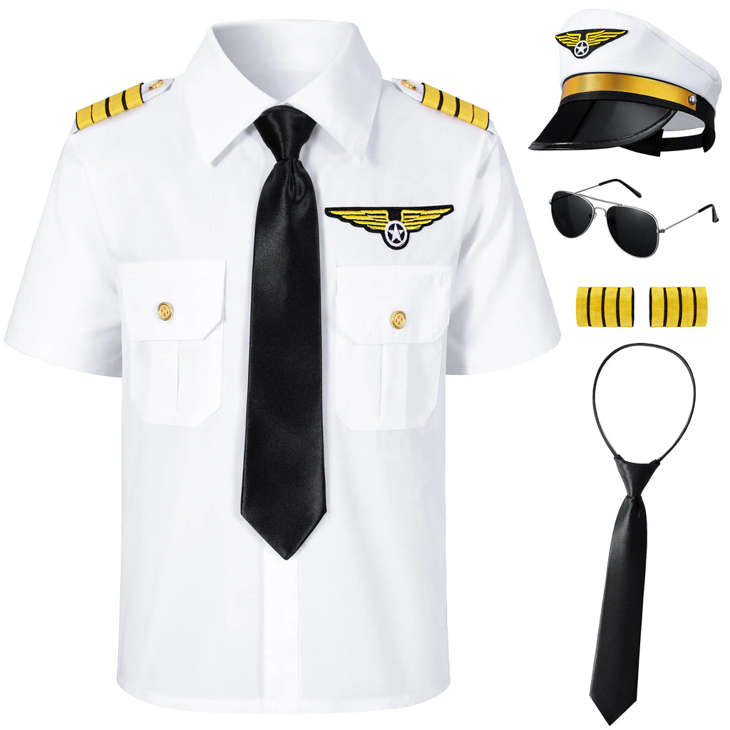 Kids Pilot Costume Airline Captain Pilot Uniform with Accessories-110 White