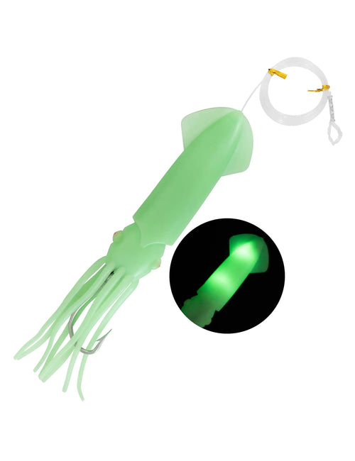 BLUEWING Upgraded Lighted Glow Squid Lure 9in Soft Fishing Trolling Squid Lure Water Activate LED Flashing Lights Lure with SS Trolling Hook 300lb Mono Line Deep Drop Light Up to 150h Green-Green