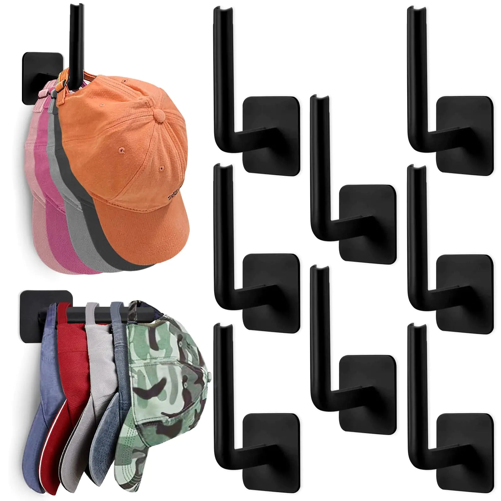 Hat Rack for Wall Hat Organizer (8-Pack) Hat Racks for Baseball Caps Adhesive Hat Hooks for Wall No Drilling Hat Hangers for Closet Cowboy Hat Holder Display Sticky Hat Storage for Baseball Cap
