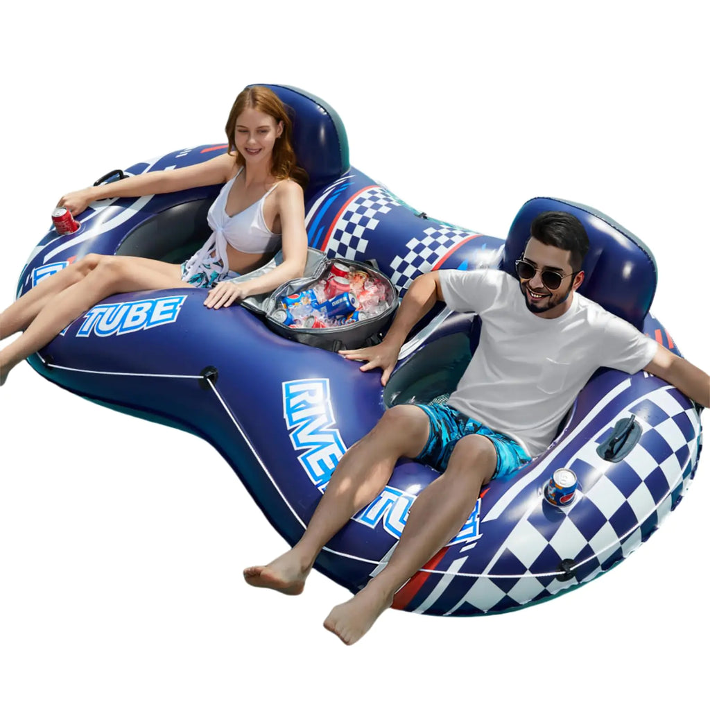 Jasonwell Inflatable River Tube Float - 2 Person Heavy Duty River Float Pool Floats with Removable Cooler Lake Water Tubes for Floating River Raft Lounge Floatie with 2 Cup Holders for Adults (D-Blue)