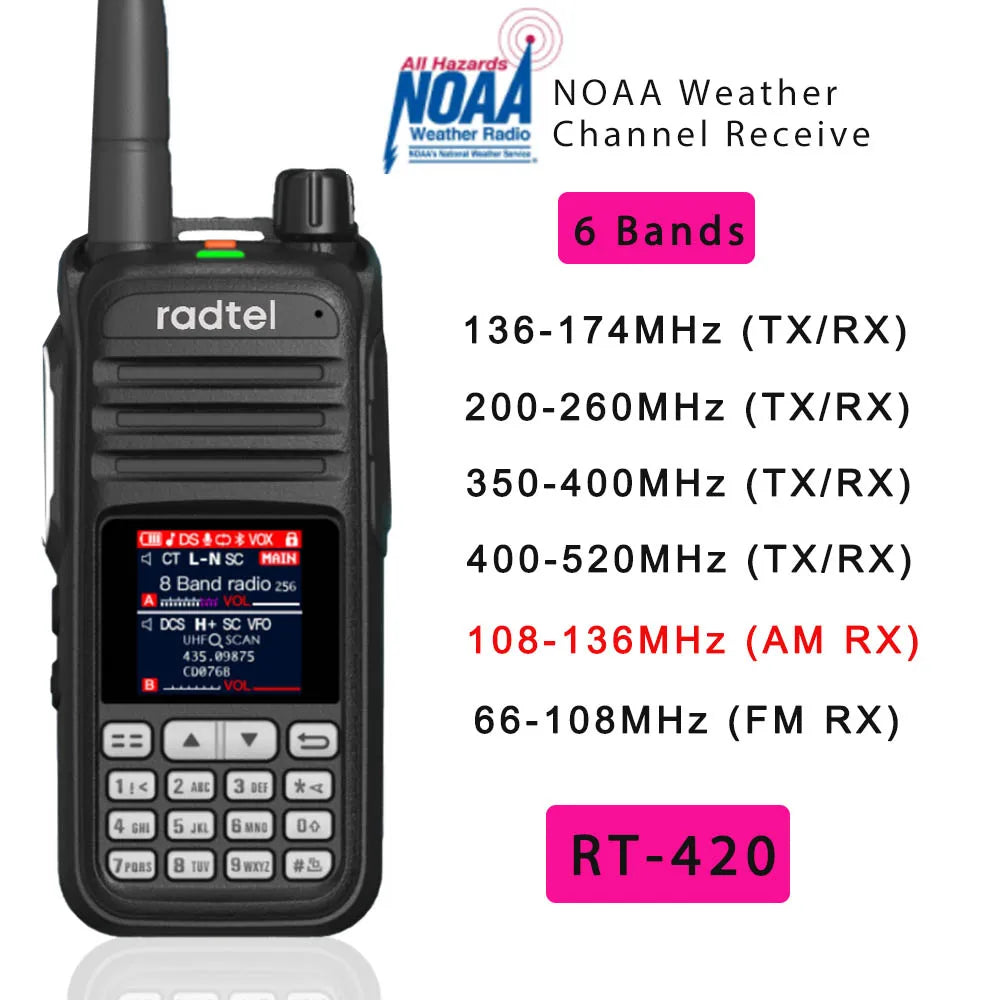 Radtel RT-420 6-Band Amateur Amateur Radio Two-Way 256CH Aerial Band Scanner VOX NOAA USB SOS LCD Aviation No Plug