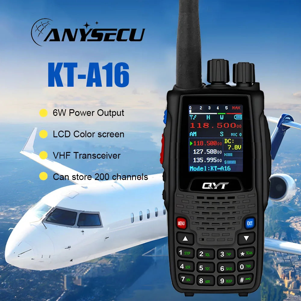 QYT KT-A16 6W Air Band Transmitter Walkie Talkie TX 118.000-136.999MHz RX 108.0000-136.999MHz Aviation 200 CH VOX Handheld Radio