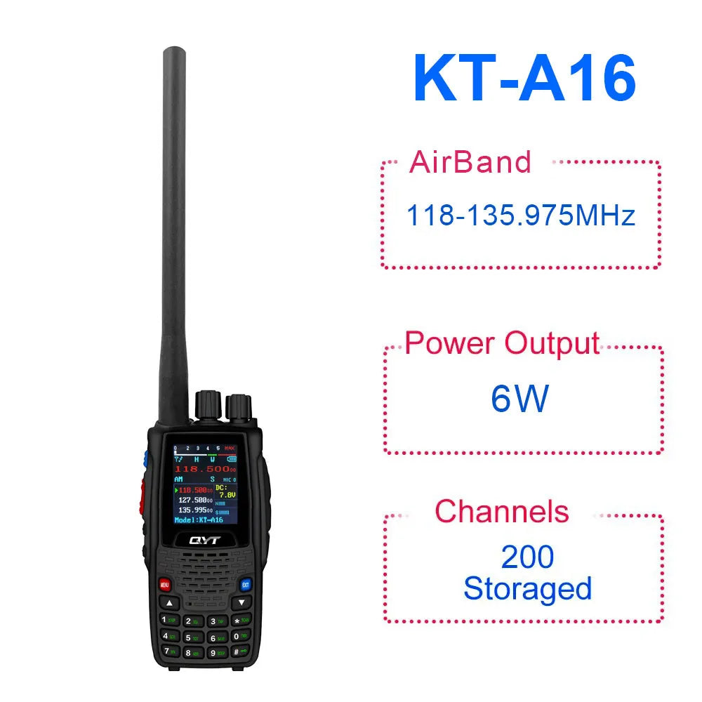 QYT KT-A16 6W Air Band Transmitter Walkie Talkie TX 118.000-136.999MHz RX 108.0000-136.999MHz Aviation 200 CH VOX Handheld Radio