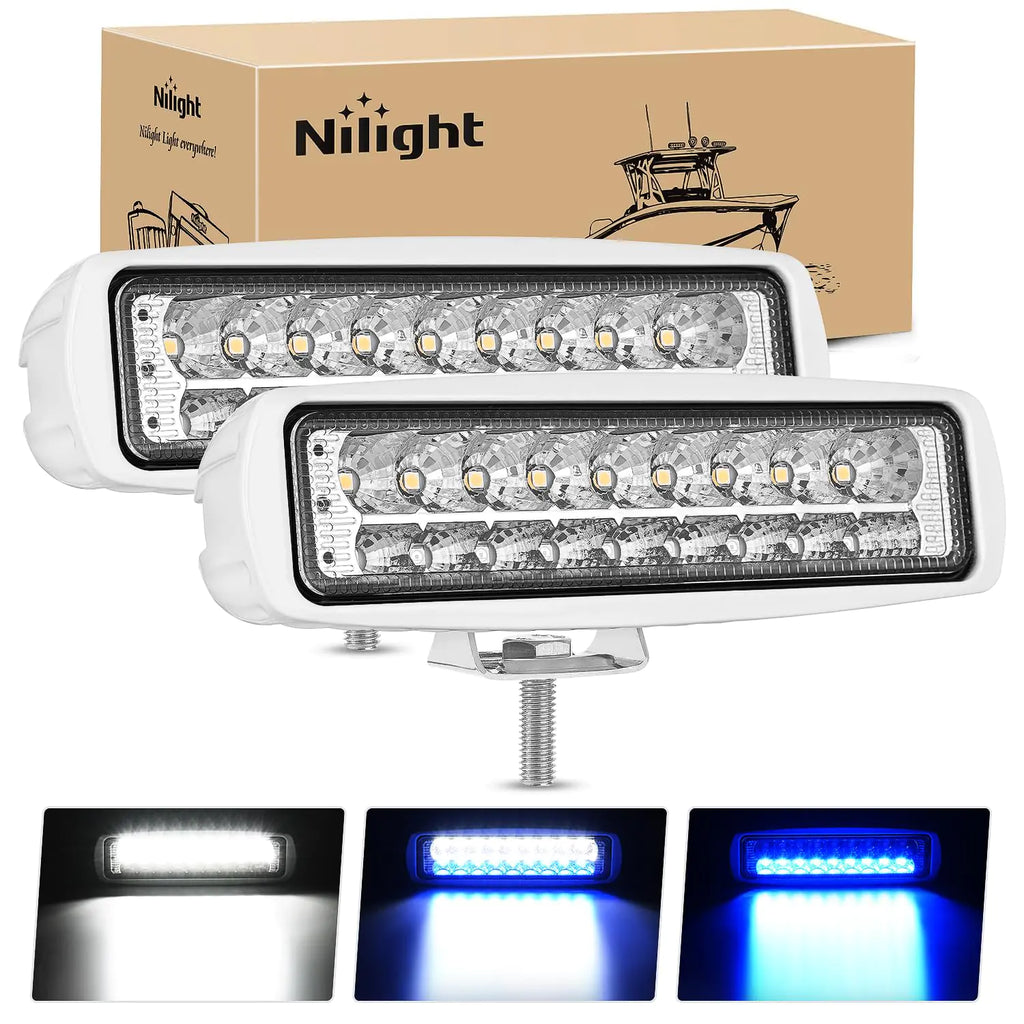 Nilight Marine LED Pods Navigation Lights 2PCS 54W Blue White Flood Beam Ponton Boat Deck Dock Lights for Night Fishing T-top Stern Yacht Kayak Port Sailboat Trucks Tractors
