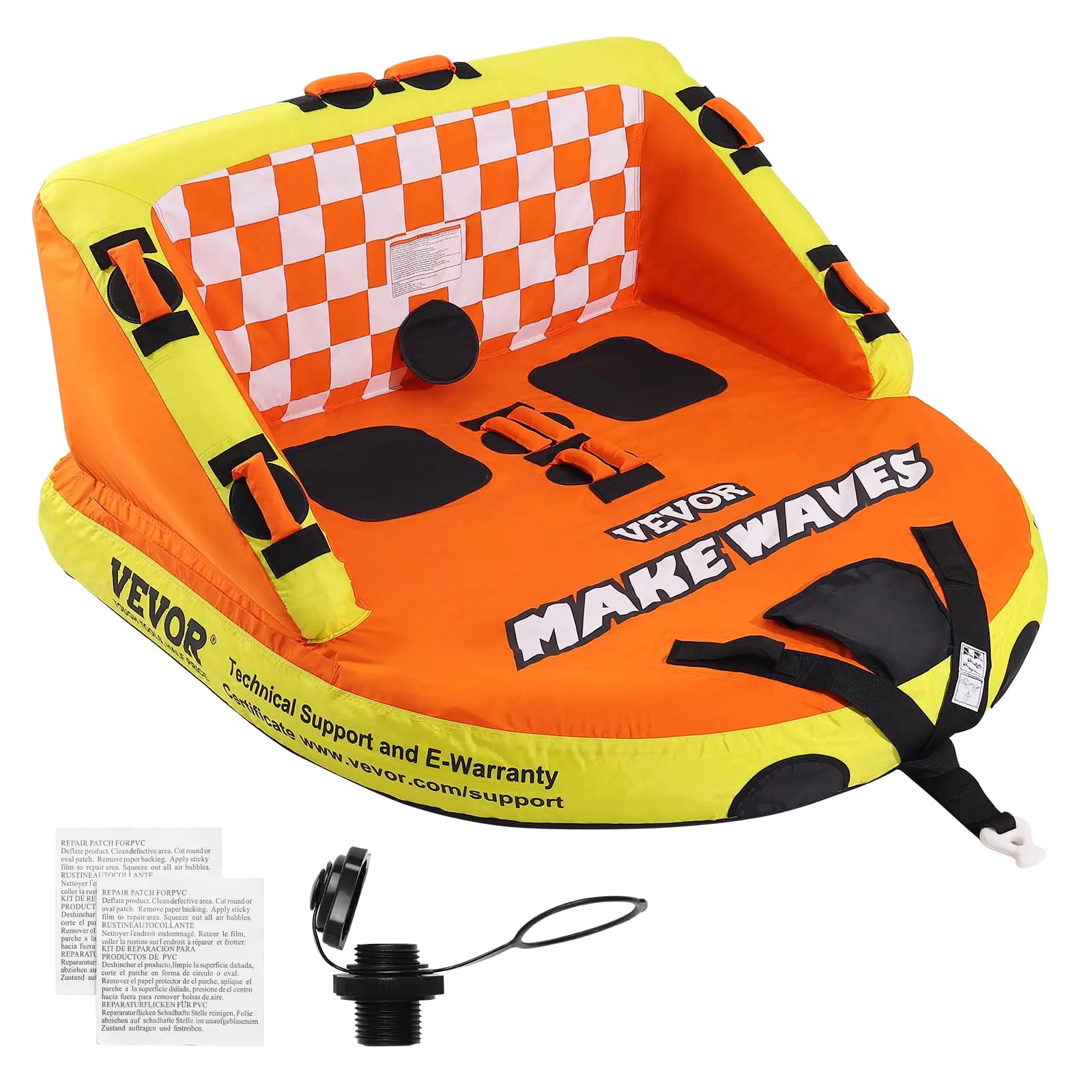 VEVOR Towable Tube for Boating 1-2 Riders Inflatable Towable Tubes with Deck Seats and Backrest 340 lbs Water Sport Tube for Boat to Pull Full Nylon Cover EVA Grab Handles and Speed Safety Valve