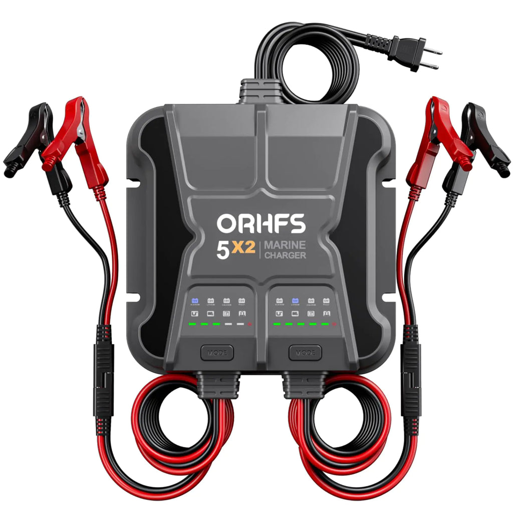 2-Bank Marine Battery Charger5X2 10A (5A/Bank) Smart Marine Battery Charger Waterproof Battery Maintainer and Desulfator for SLA/AGM Lithium (LiFePO4) Calcium & Deep-Cycle Battery- Charged 24/7