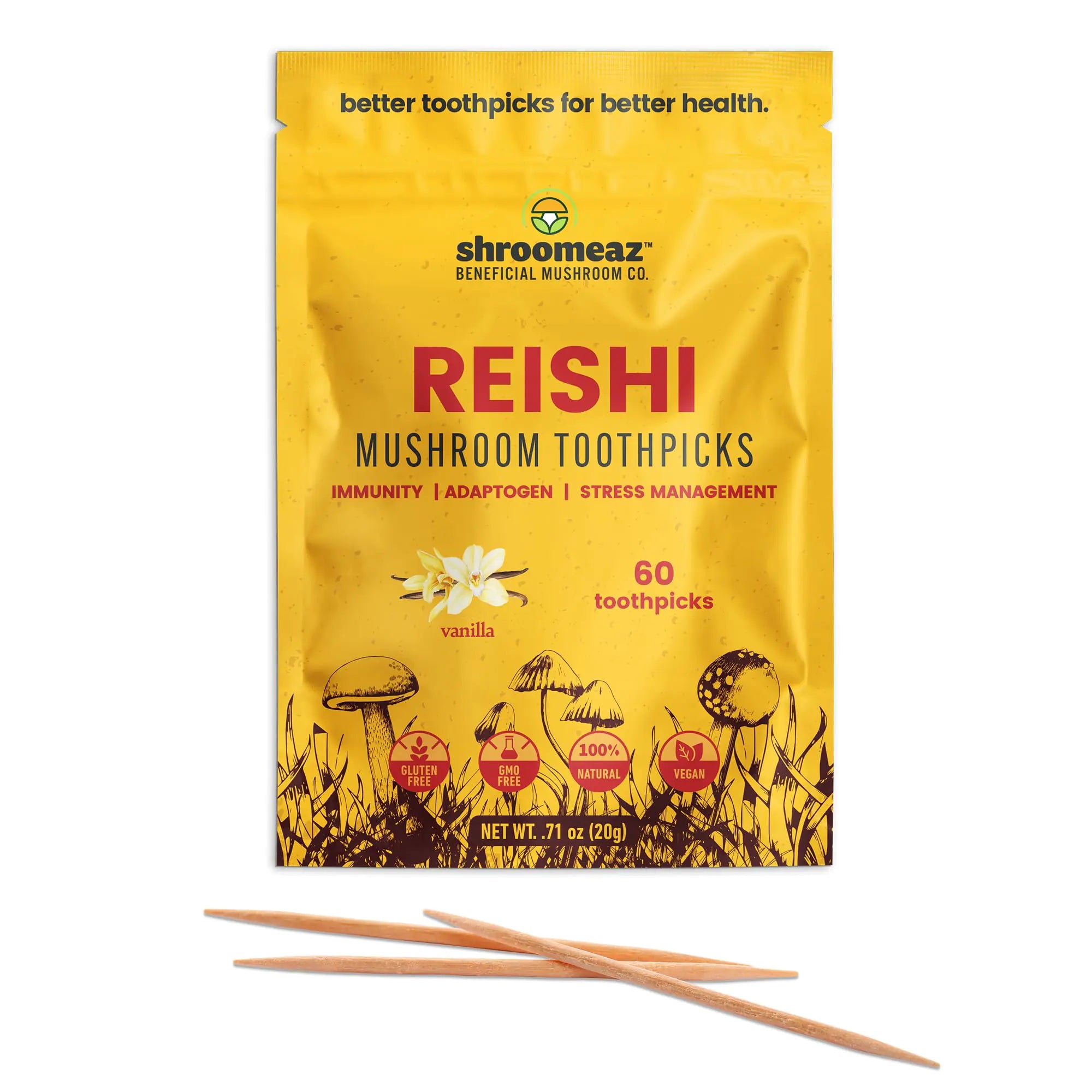 Shroomeaz Reishi Infused Flavored Toothpicks - Mushroom Supplement for Longevity Mood Sleep & Immune Support (60 Picks - Vanilla)