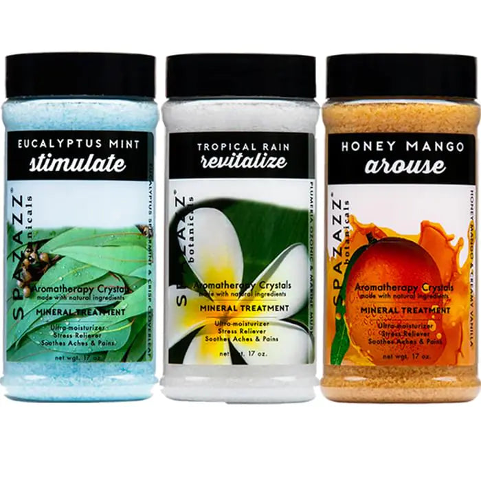 Spazazz Hot Tub Aromatherapy Bath Salt Crystals 3-Pack Bundle - Eucalyptus Mint Stimulate - Tropical Rain Revitalize - Honey Mango Arouse - Botanicals Collection Scents for Relaxing in Spas (17 oz)