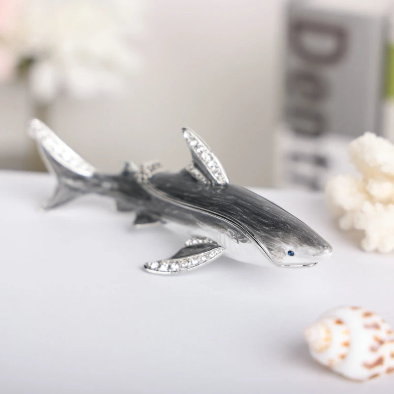 SHINNYGIFTS Hand Painted Enameled Shark Decorative Hinged Jewelry Trinket Box Unique Gift for Family