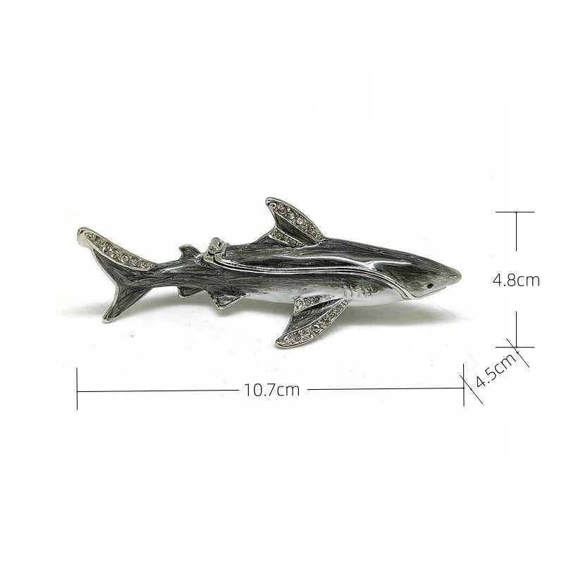 SHINNYGIFTS Hand Painted Enameled Shark Decorative Hinged Jewelry Trinket Box Unique Gift for Family