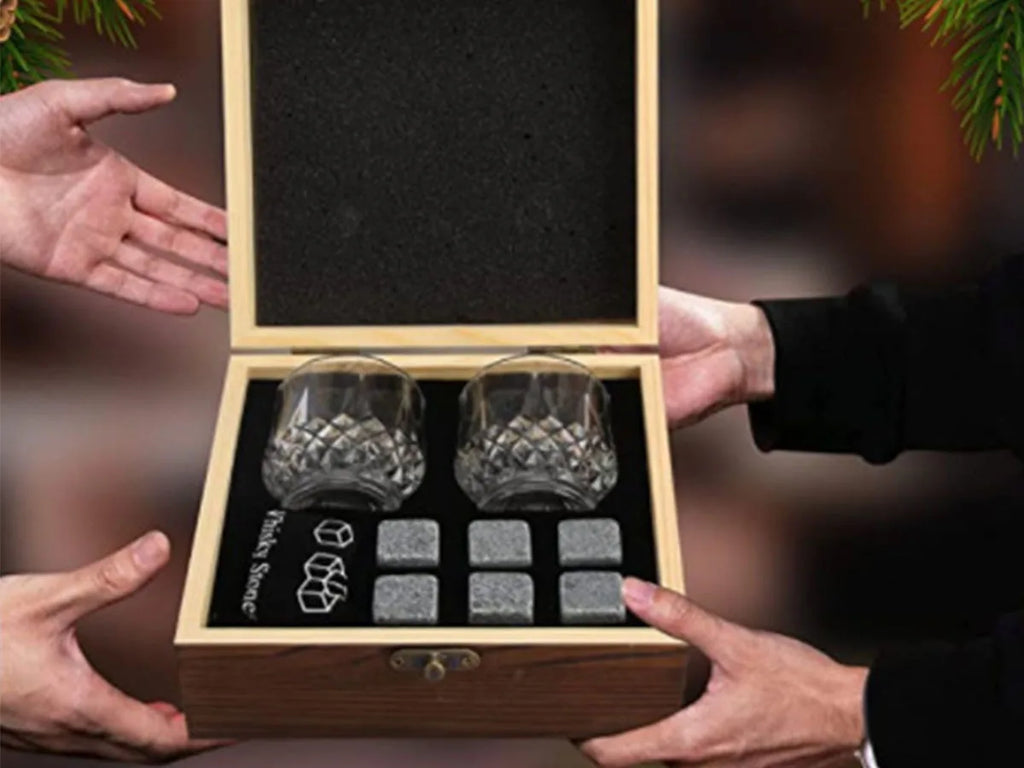 Christmas Valentine's Gift Whiskey Stones Glasses Set Granite Ice Cube For Whisky in Wooden Bottle Box Present For Dad Husband