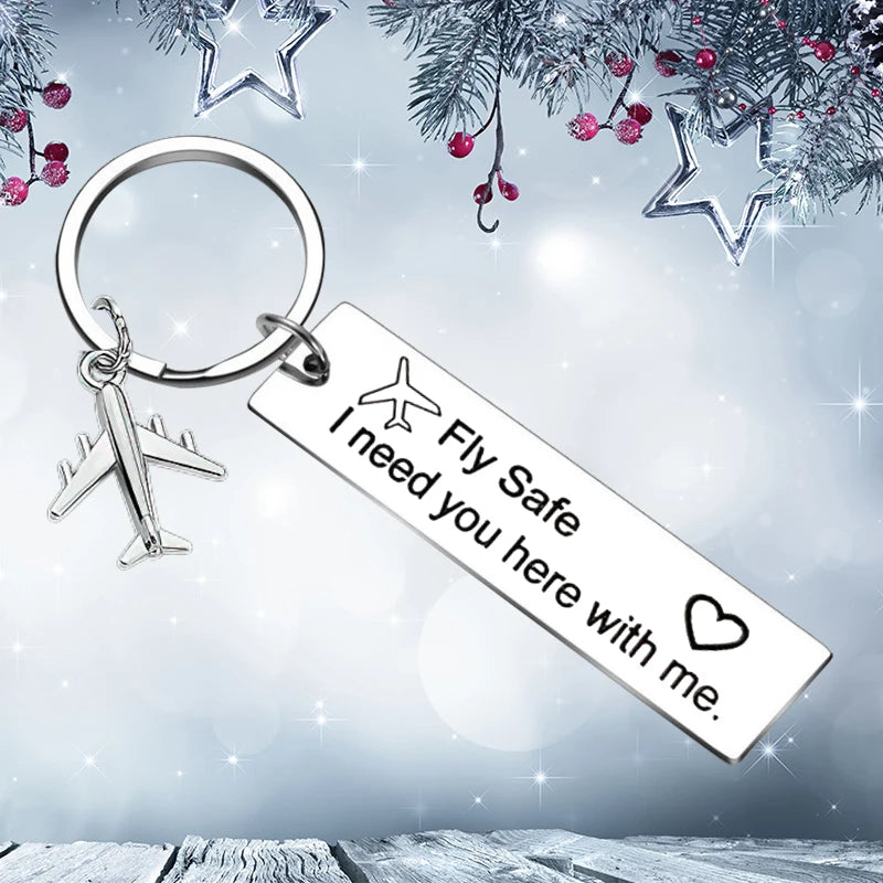 New Plane Fly Safe I Need You Here with Me Keychain Pendant  Pilot Boyfriends Husband Gifts Key Chain Dad Fathers Day Gift