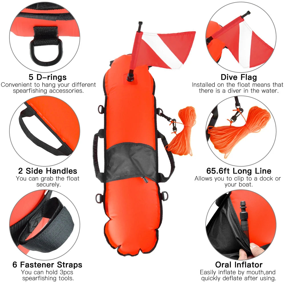 Inflatable Safety Float Scuba Diving Surface Marker Signal Float with Dive Flag 78LBS Maximum Buoyancy for Spearfishing Swimming