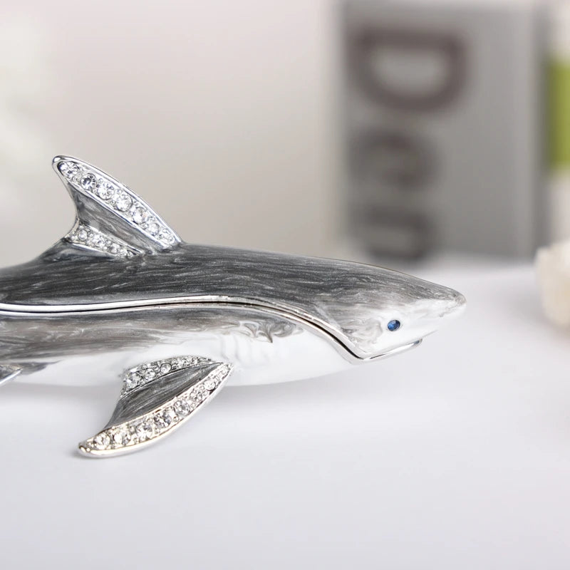 SHINNYGIFTS Hand Painted Enameled Shark Decorative Hinged Jewelry Trinket Box Unique Gift for Family