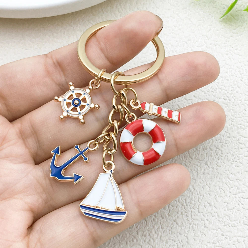 Nautical Theme Keychain Metal Boat Anchor Sailboat Life Buoy Pendant Keyrings Student Backpack Ornaments Boy Girl Souvenir Gift