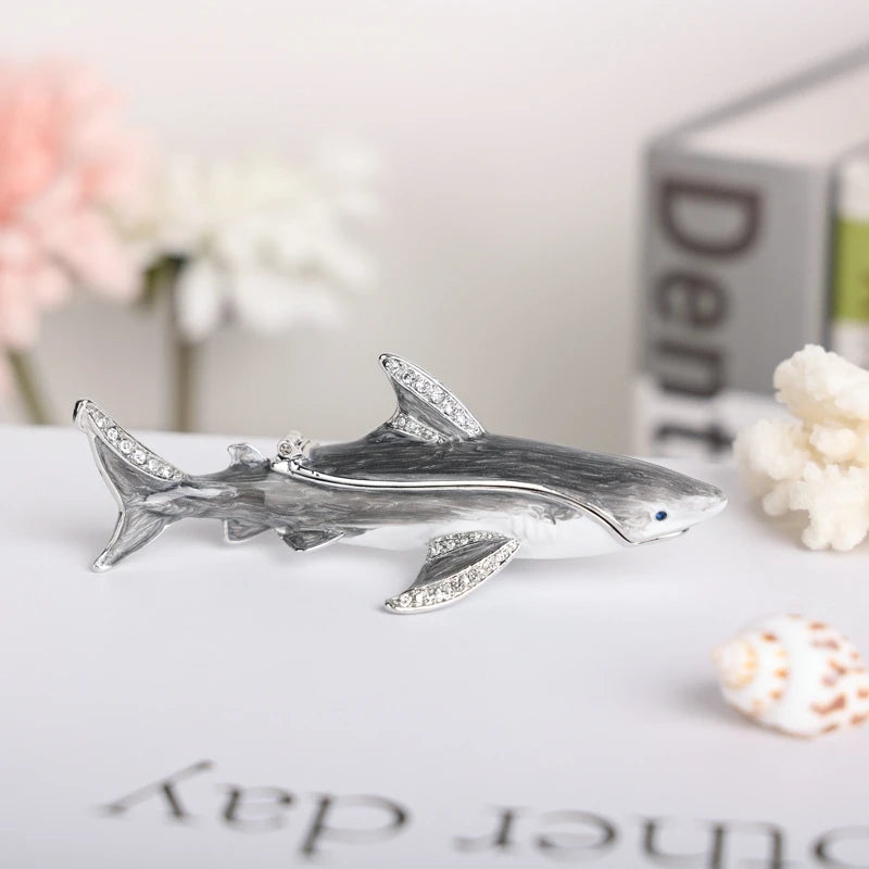 SHINNYGIFTS Hand Painted Enameled Shark Decorative Hinged Jewelry Trinket Box Unique Gift for Family