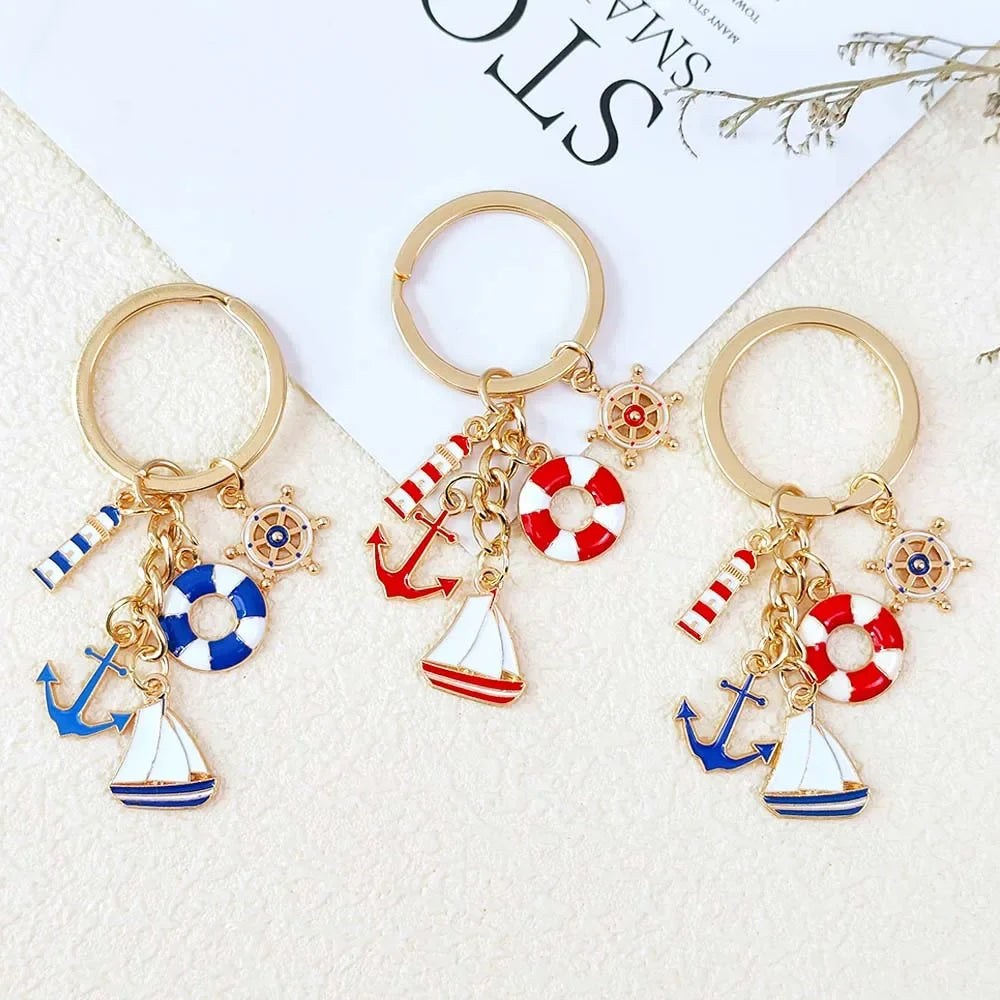 Nautical Theme Keychain Metal Boat Anchor Sailboat Life Buoy Pendant Keyrings Student Backpack Ornaments Boy Girl Souvenir Gift