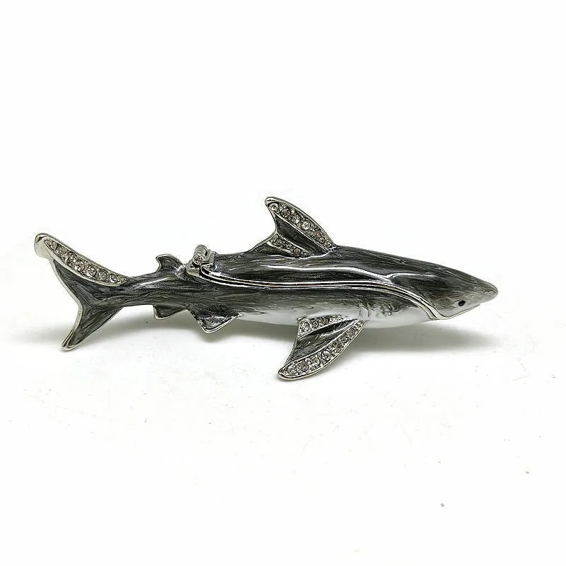 SHINNYGIFTS Hand Painted Enameled Shark Decorative Hinged Jewelry Trinket Box Unique Gift for Family
