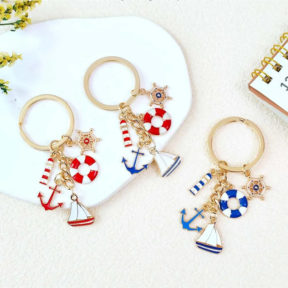 Nautical Theme Keychain Metal Boat Anchor Sailboat Life Buoy Pendant Keyrings Student Backpack Ornaments Boy Girl Souvenir Gift
