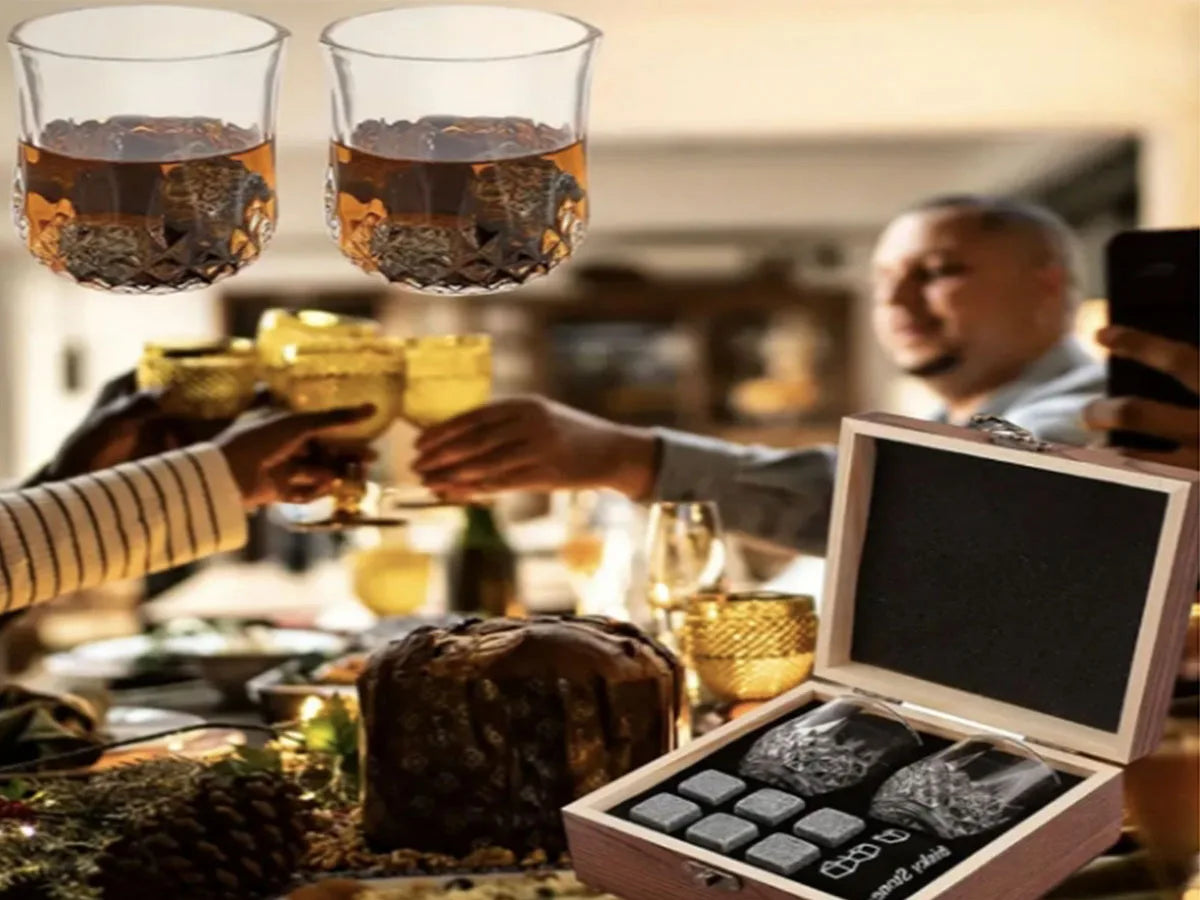 Christmas Valentine's Gift Whiskey Stones Glasses Set Granite Ice Cube For Whisky in Wooden Bottle Box Present For Dad Husband
