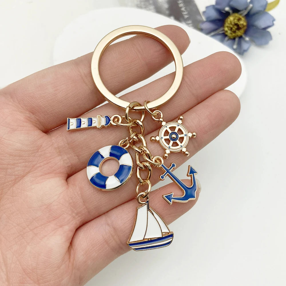Nautical Theme Keychain Metal Boat Anchor Sailboat Life Buoy Pendant Keyrings Student Backpack Ornaments Boy Girl Souvenir Gift