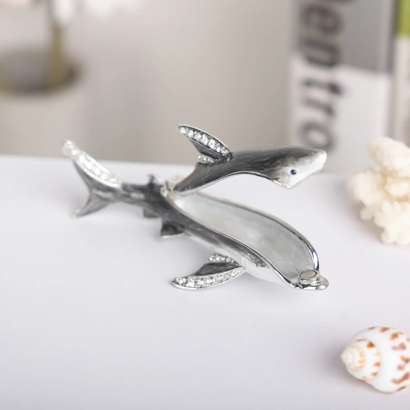 SHINNYGIFTS Hand Painted Enameled Shark Decorative Hinged Jewelry Trinket Box Unique Gift for Family