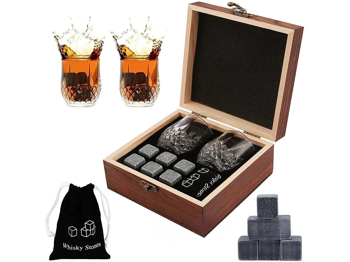 Christmas Valentine's Gift Whiskey Stones Glasses Set Granite Ice Cube For Whisky in Wooden Bottle Box Present For Dad Husband