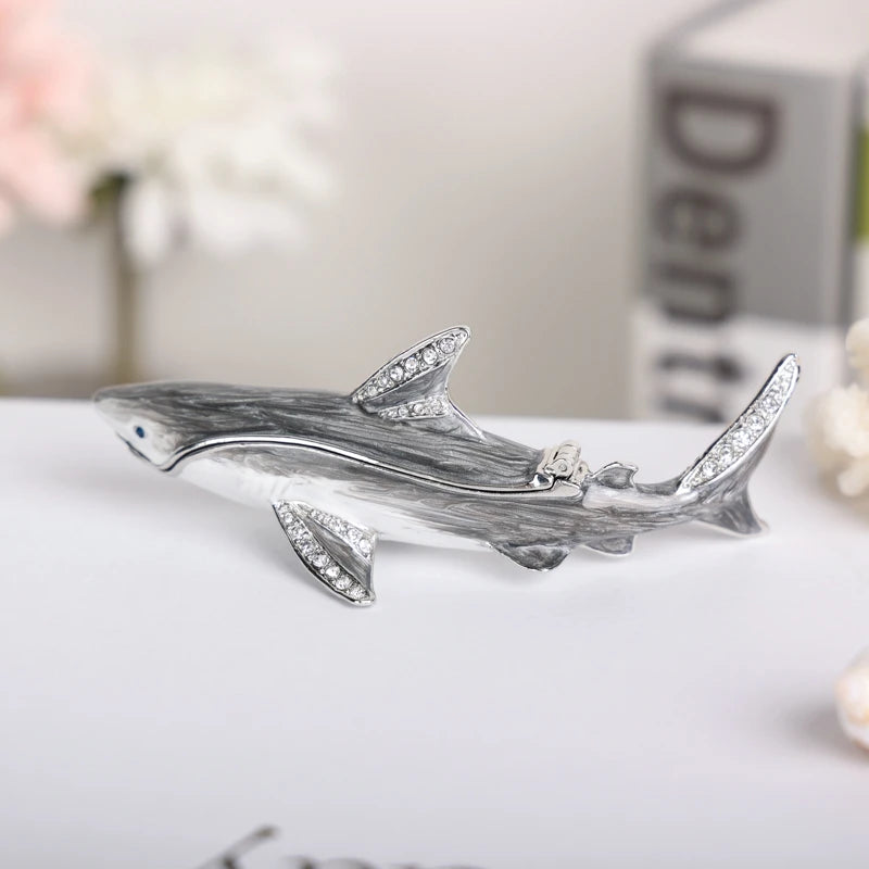 SHINNYGIFTS Hand Painted Enameled Shark Decorative Hinged Jewelry Trinket Box Unique Gift for Family