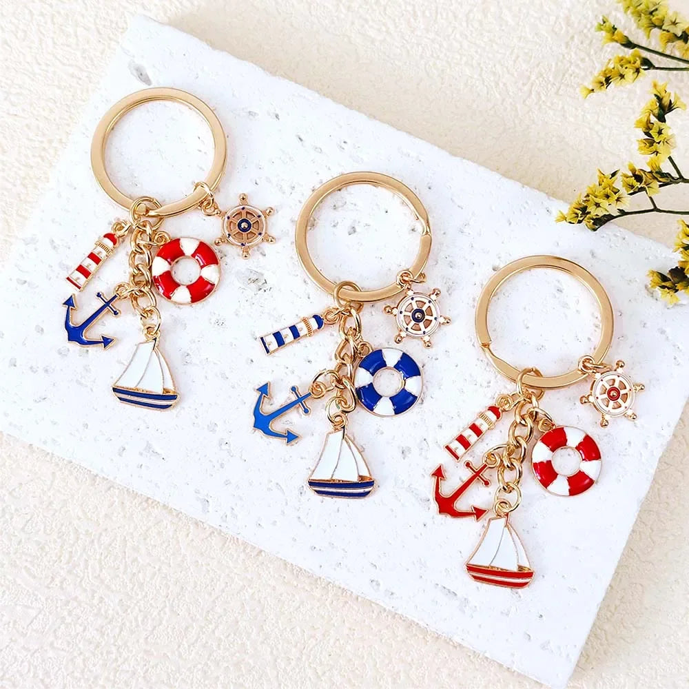 Nautical Theme Keychain Metal Boat Anchor Sailboat Life Buoy Pendant Keyrings Student Backpack Ornaments Boy Girl Souvenir Gift