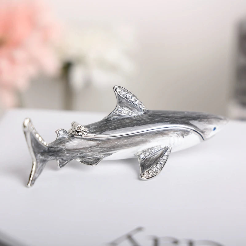 SHINNYGIFTS Hand Painted Enameled Shark Decorative Hinged Jewelry Trinket Box Unique Gift for Family