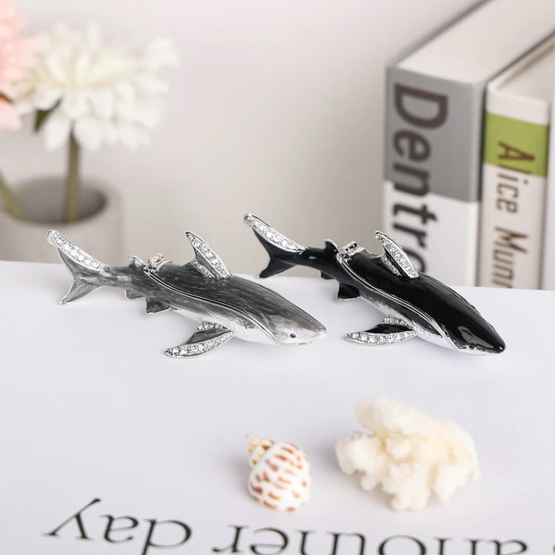 SHINNYGIFTS Hand Painted Enameled Shark Decorative Hinged Jewelry Trinket Box Unique Gift for Family