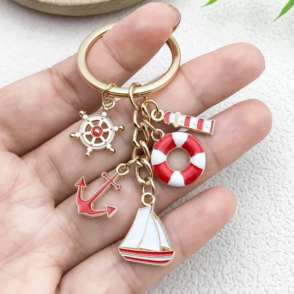 Nautical Theme Keychain Metal Boat Anchor Sailboat Life Buoy Pendant Keyrings Student Backpack Ornaments Boy Girl Souvenir Gift