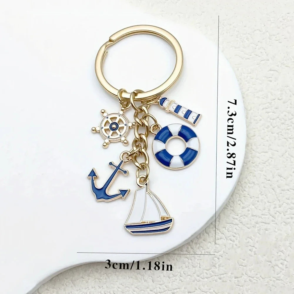 Nautical Theme Keychain Metal Boat Anchor Sailboat Life Buoy Pendant Keyrings Student Backpack Ornaments Boy Girl Souvenir Gift