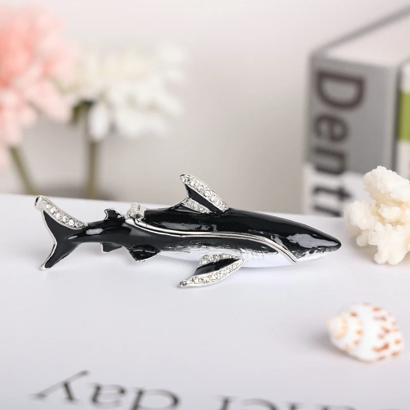 SHINNYGIFTS Hand Painted Enameled Shark Decorative Hinged Jewelry Trinket Box Unique Gift for Family