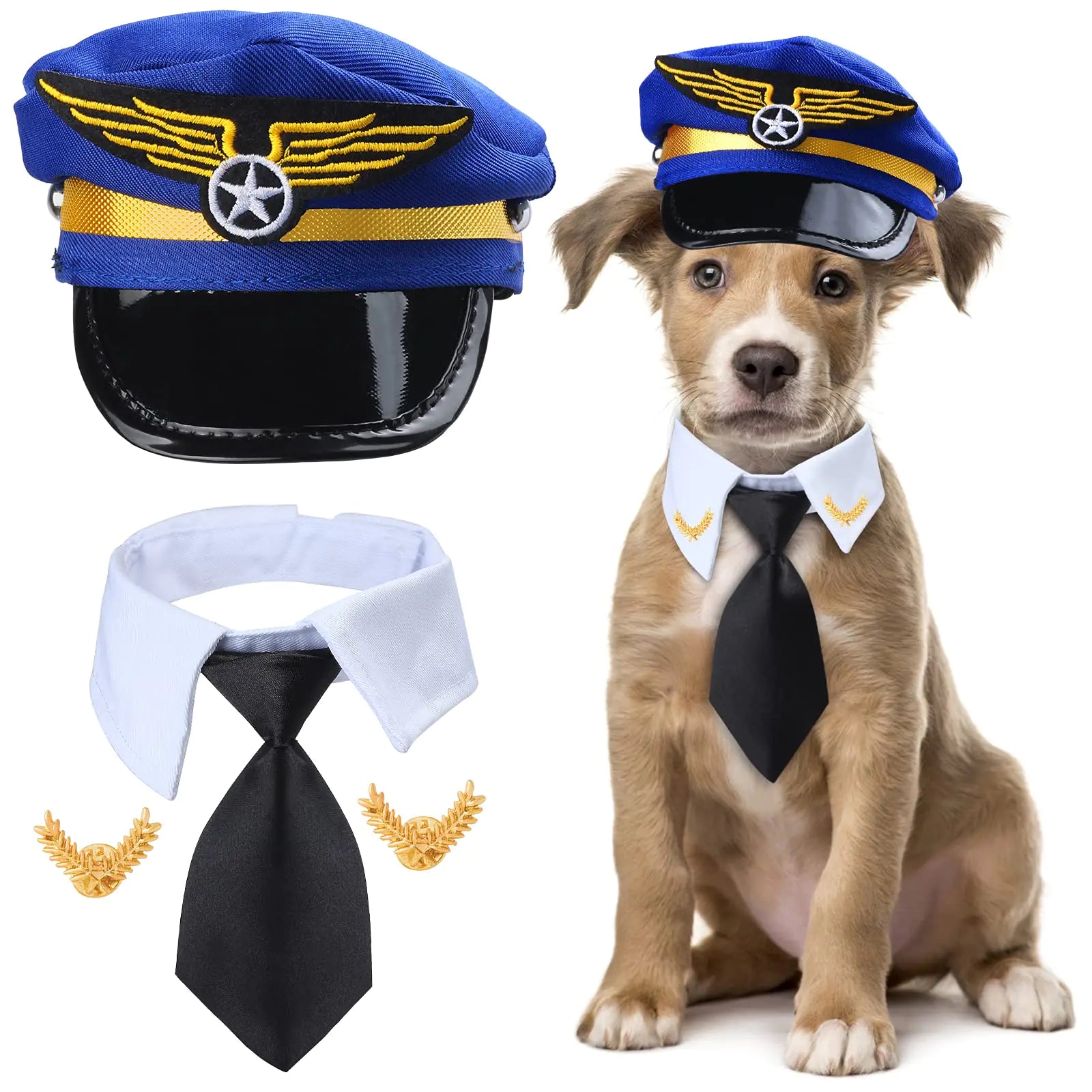 3 Pieces Pet Captain Pilot Costume Accessory Set Dog Cat Pilot Hat Formal Necktie Collar Pilot Costume Accessories for Pet Pilot Fancy Dress Halloween Party (Set-B)