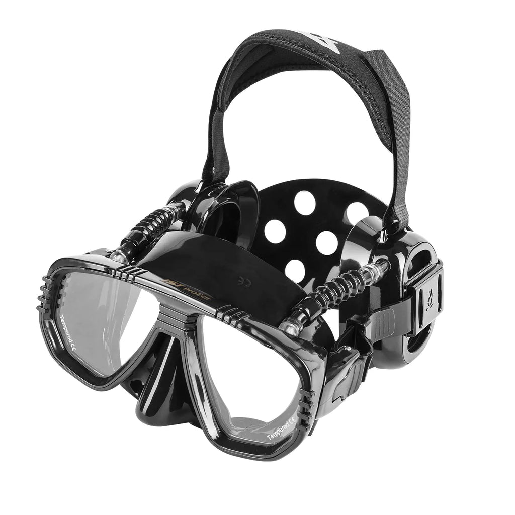 IST ProEar Dive Mask with Ear Covers Scuba Diving Pressure Equalization Gear Tempered Glass Twin Lens (Black Silicone)