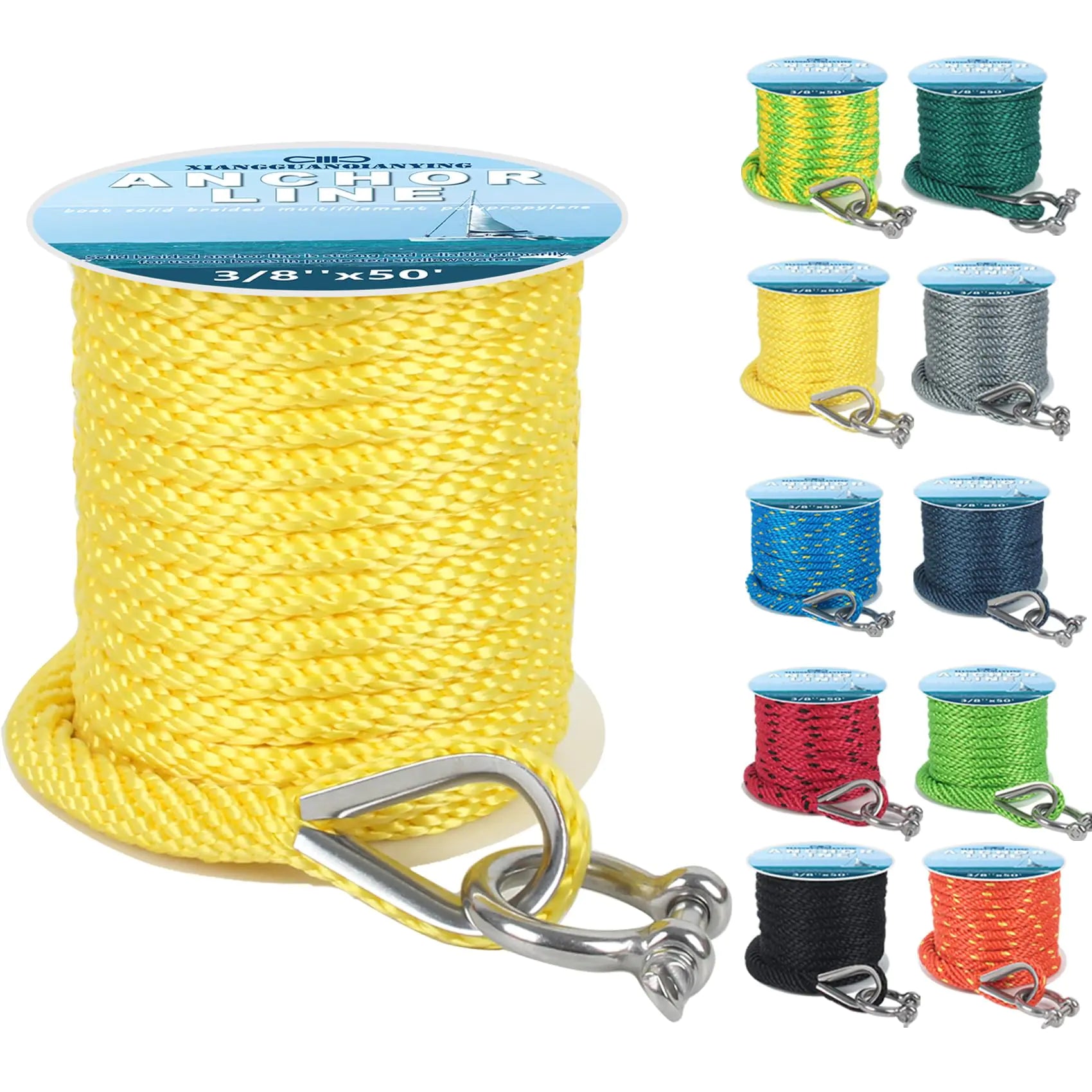Anchor Rope 50 Ft x 3/8 Inch Premium Solid Braid MFP Anchor Line Braided Anchor Rope with 316 Stainless Steel Thimble and Heavy Duty Shackle Marine Anchor Rope Light Yellow