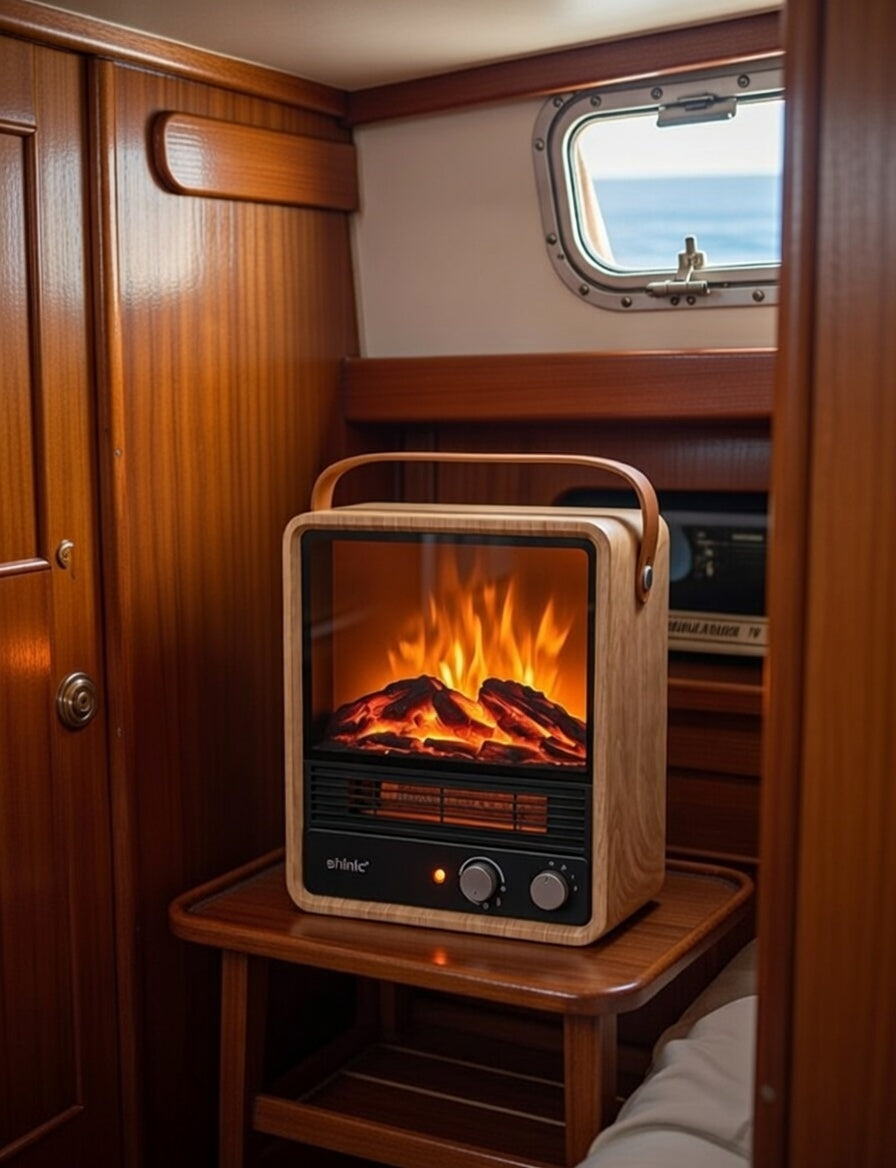 Efficient Electric Yacht Fireplace Heater with Crackling Sound & Ultra Realistic Flame 750W/1500watt Safety Protection Portable Fireplace Space Heater for Indoor Use Home Office Christmas Decorative
