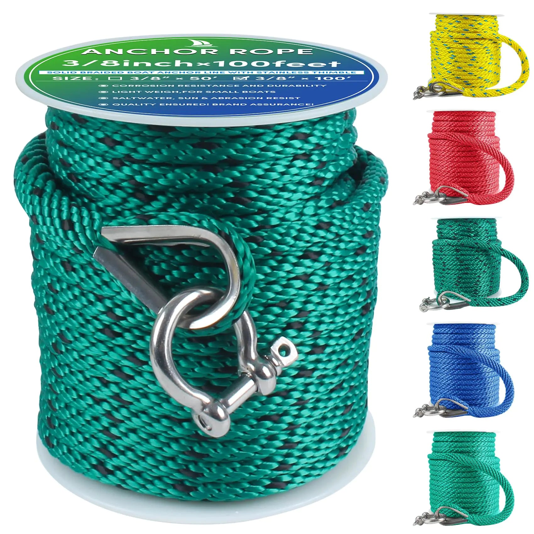 Premium Anchor Rope 100 ft x 3/8 inch Solid Braid MFP Anchor Line Boat Rope Marine RopeBoat Anchor Rope with Thimble & Shackle -Forest Green/Black