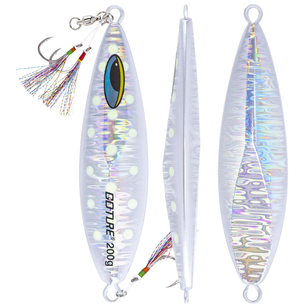 Goture Slow Pitch Jigs Glow Flat Fall Jig Fishing Lure with Double Assist Hooks and Swivel Fishing Jigs Saltwater 40g-250g Deep Sea Fishing Jigging Lures for TunaDogtooth Tuna YellowtailKingfish