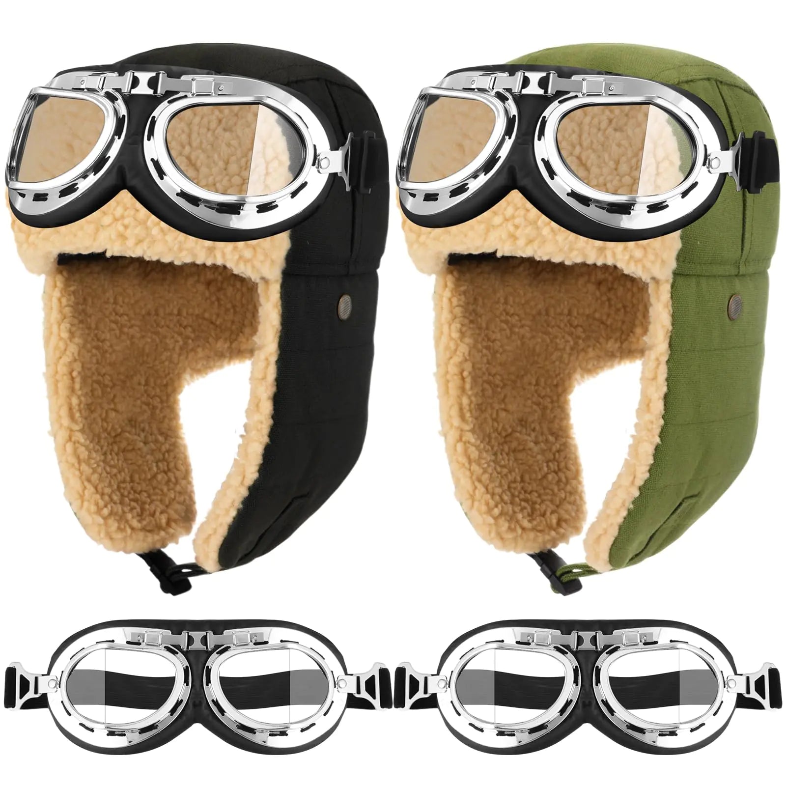 4 Pcs Pilot Hat and Goggles Flight Costume Accessories Pilot Helmet Cap with Ear Flaps Hat Adults Winter(GreenBlack)