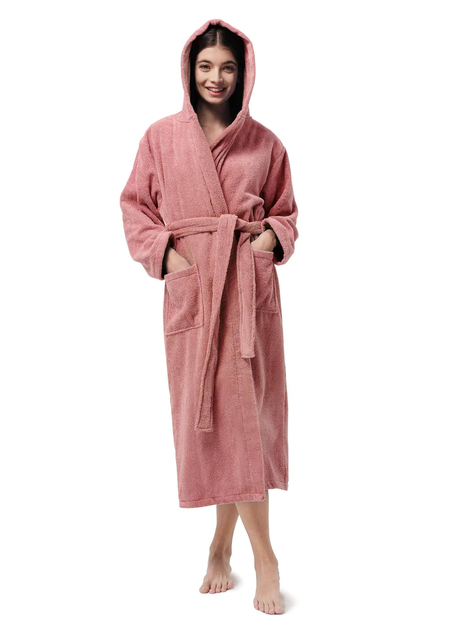 SIORO Womens Robe Hooded Terry Cloth Bathrobe Full Length Cotton Hot Tub Spa Hotel Shower Bath Towel Housecoat Dusty Pink Large