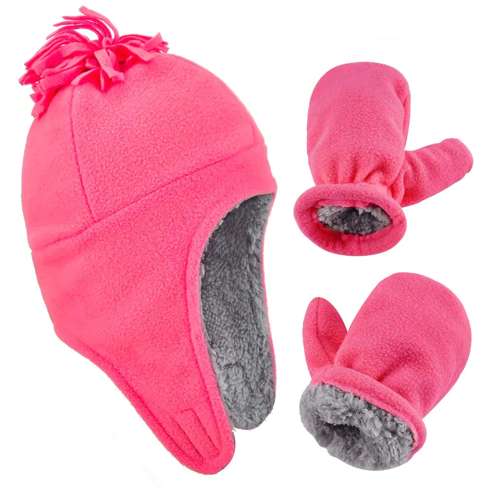 Toddler Winter Hat and Mittens Set - Baby Kids Sherpa Lined Warm Fleece Earflap Pilot Hat Set for Girls Boys(Rose Red L/2-4y)