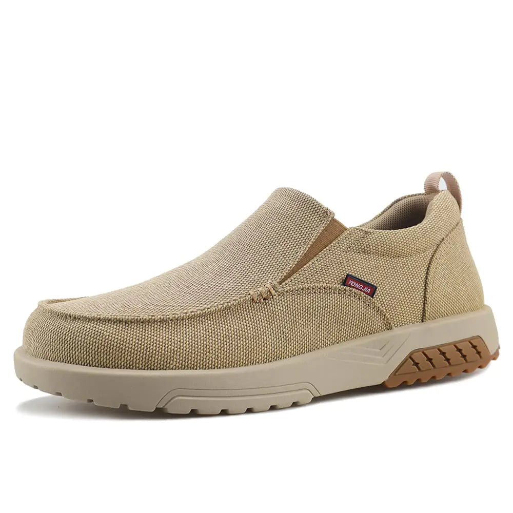 YONGJIA Mens Slip On Loafers with Arch Support Extra Cushioning and Pain Relief Orthopedic Casual Non Slip Walking Boat Shoes with Rubber Sole Khaki 45