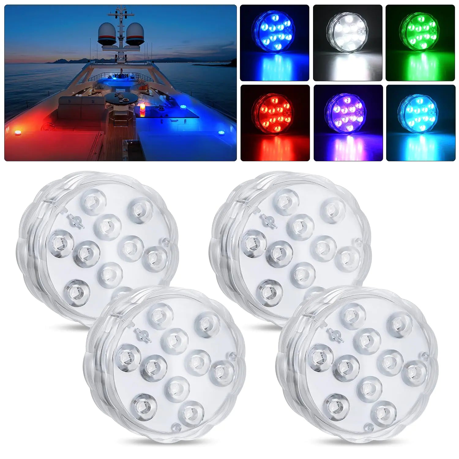 Nilight Marine Boat Light 4 PCS 10LED RGB Wireless Cabin Ambiance Light Multi Color Exterior Deck Light Remote Control Submersible for Pontoon Sailboat Yacht Skeeter Fishing Bass Boat